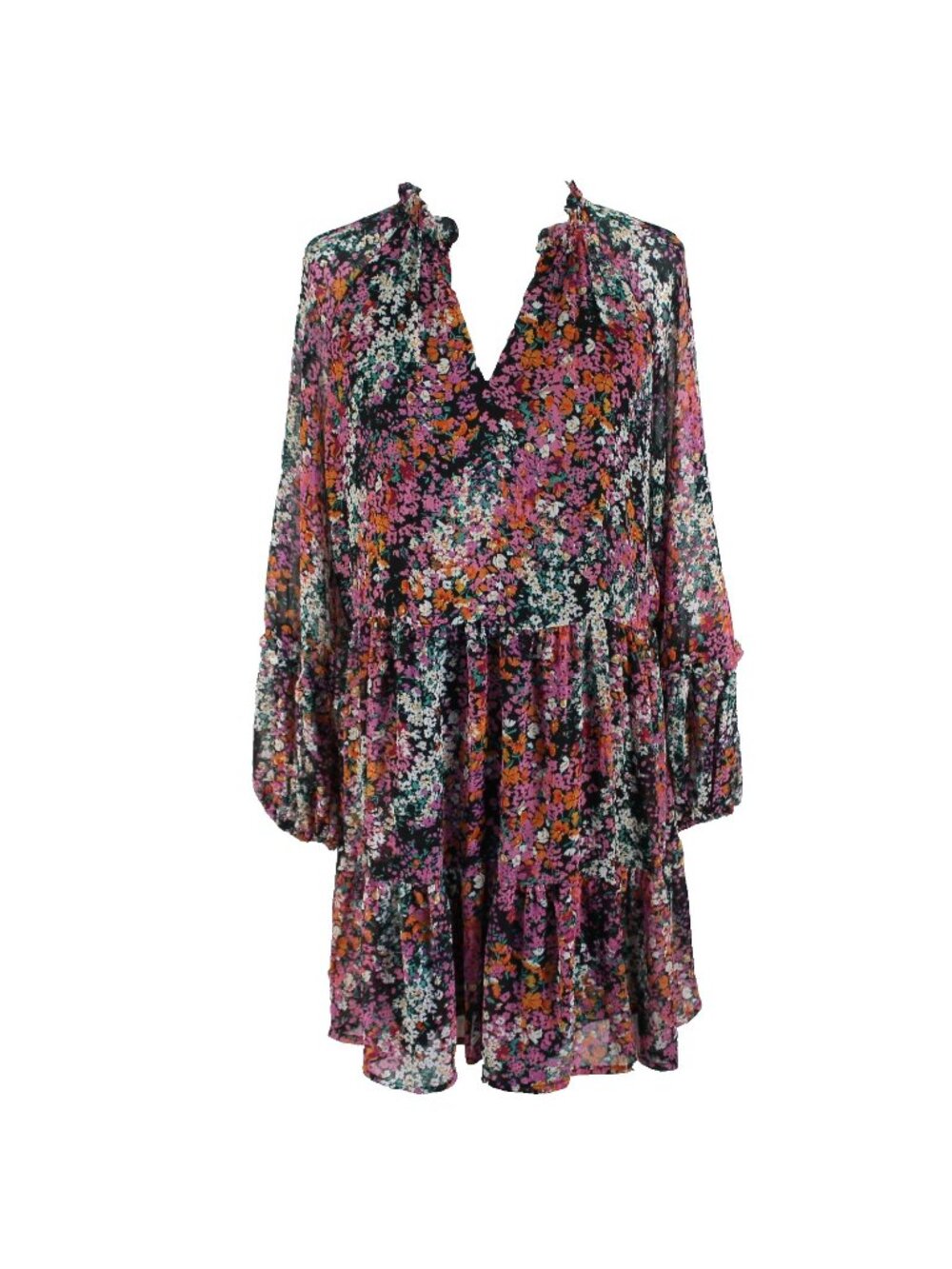 Vince Camuto Swing Dress Womens Size L Floral Tiered V Neck Sheer Long Sleeve